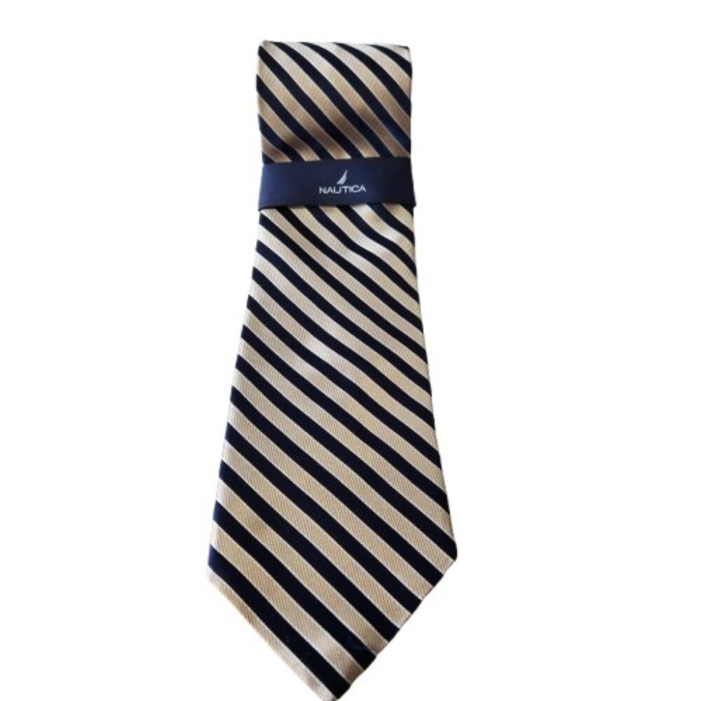 Nautica Silk Tie - Gold & Navy Stripe - NWT - Elegant Business or Wedding Look